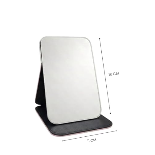 Image of Foldable Makeup Mirror with Adjustable Stand, Portable HD Vanity Mirror for Travel & Dressing Table, PU Leather Crocodile Pattern Compact Cosmetic Mirror for Women & Girls,(16x11cm) Pink