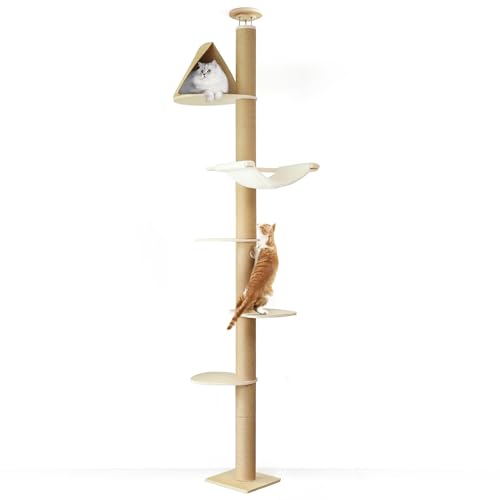 FUKUMARU Kratzbaum, 6 Etagen bis zur Decke reichender Katzenturm(282-305cm), wandmontierter Katzenbaum,aus Natürliches Gummibaumholz, mit Katzenversteck-Zelt und gemütlicher Hängematte,beige