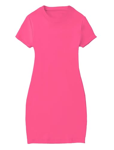 EXARUS Vestido ajustado para niñas, estilo casual, cuello redondo, manga corta, color liso, Rosa encendido, 12 años