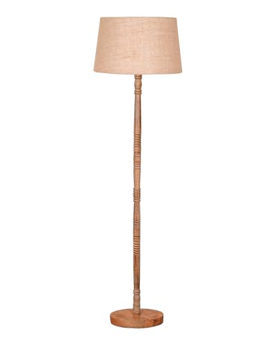 Image of Homesake Mid Century Modern Floor Lamp for Living Room | Hand Turned | Corner Lamp for Living Room, Stand Lamp with Fabric Lampshade for Bedroom, Study Room and Office, (Off-White)