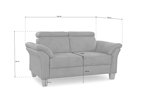 Cavadore 2-Sitzer-Sofa Ammerland / 2er-Couch im Landhausstil mit Federkern + verstellbaren Kopfstützen / 156 x 84 x 93 / Wildlederoptik, Grau