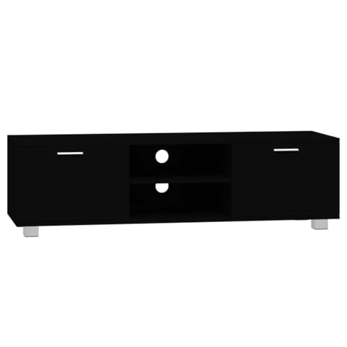 Favemtsl Meuble TV bas, 140 x 40 x 35 cm, en bois et aluminium, moderne, noir, avec 4 compartiments et trous pour câble, pour salon, couloir, chambre à...