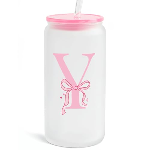 SANDJEST Monogrammed Glass Drinking Can Cup with Acrylic Lid and Straw, Personalized Frosted Iced Coffee Tumbler 16oz, Monogram Initial Gifts for Women Girls on Birthday (Y)