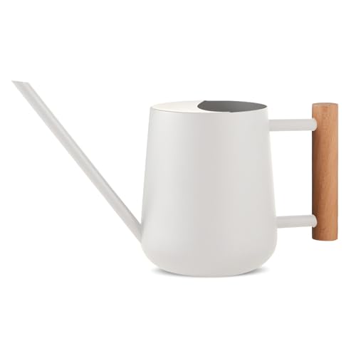 Niboow 1L Gießkanne Zimmerpflanzen, (1000 ml) 35 Oz Metall Edelstahl Klein Giesskanne mit Langem Auslauf und komfortablem Holzgriff für Innen und Außenbereich Pflanze Bonsai Garten Blume - Weiß