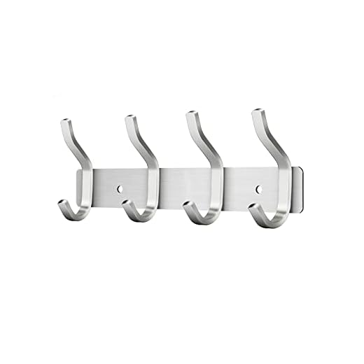 MEIJO Percheros Pared con 4 ganchos, Ganchos Perchas de Montaje en Pared Acero inoxidable Colgadores Ganchos Perchero para Entrada, Cocina, Baño (4 Ganchos, Plata)