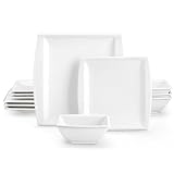 MALACASA Vajilla de porcelana de 12 piezas, serie BLANCE | para 4 a 12 personas | Vajilla blanca moderna apta para lavavajillas con platos llanos, platos de postre y cuencos
