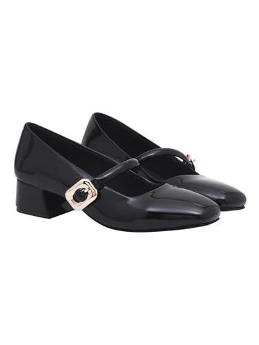 Image of Shoetopia Pumps for Women - Low Block Heel Dress Shoes with Gold Buckle Strap Classy Comfortable Low Heel
