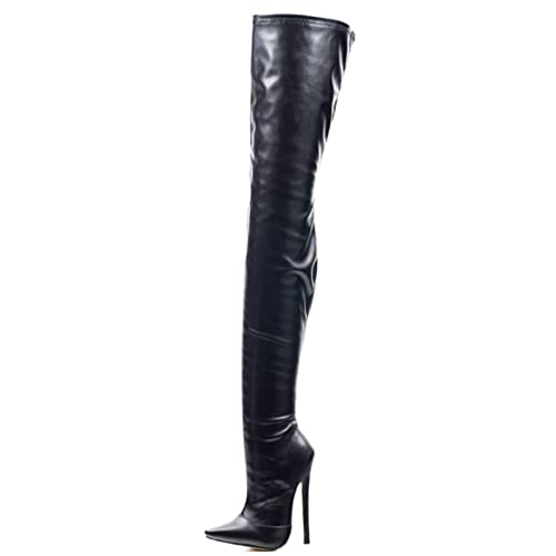 Omeslike Roze Mode Vrouwen Hoge Hakken 18 cm Stiletto-Danslaarzen Kant Lange Laarzen Sexy Stripper Schoenen Exotische Stripper Schoenen, Mat zwart., 46 EU