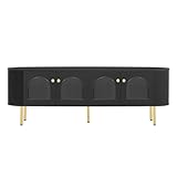 Améliorez votre salon avec cet élégant meuble TV blanc, présentant des portes décoratives en verre arquées et des pieds en métal doré chic. Son design élégant complète non seulement votre décoration d'intérieur, mais offre également un rangement fonctionnel pour l'équipement multimédia. Parfaitement adapté à tout espace moderne ou contemporain, ce meuble TV combine style et praticité sans problème.