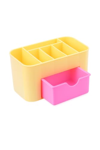 Image of Desktop Makeup Organiser, PP Plastic, Multi-Compartment with Pull-Out Drawer, Yellow and Pink, for Cosmetics and Stationery