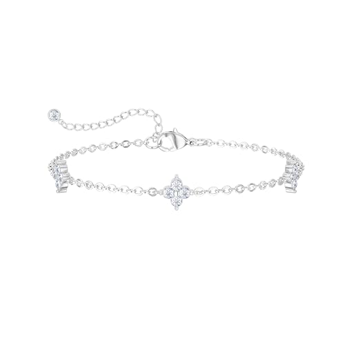 Freekiss Silver Clover Bracelet for Women, Dainty Adjustable Four Leaf Flower Charm Bracelet with Zircon, Lucky Stackable Bracelet Jewelry Gifts for Her