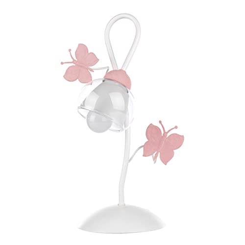 ONLI Lampada da Tavolo in Metallo Farfalle dipinte Vetro Trasparente 6 W, Bianco/Rosa