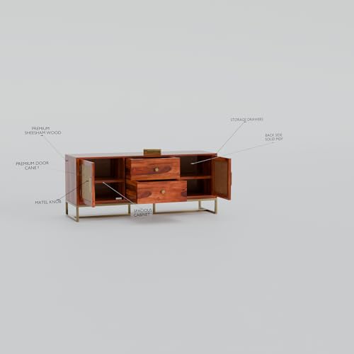 Image of Sheesham Wood Wooden tv Unit for Living Room 55 inch TV Furniture - Entertainment Unit Solid Wood tv Table for Living Room 55 inch TV Console with 2 Drawers, 4 Shelves & Ratan Door
