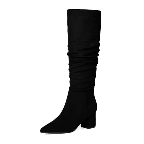 Image of Easyfox Womens Knee High Boots Chunky Low Heel Pointed Toe Tall Long Boots