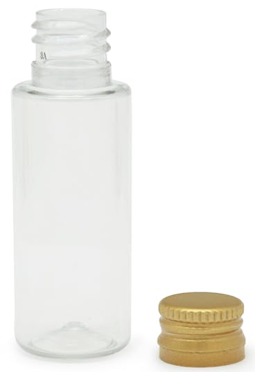 Botella cilíndrica PET con tapón rosca dorado | Envase mini ideal para muestras y esencias aromáticas. Set cosmético creativo. Uso múltiple.