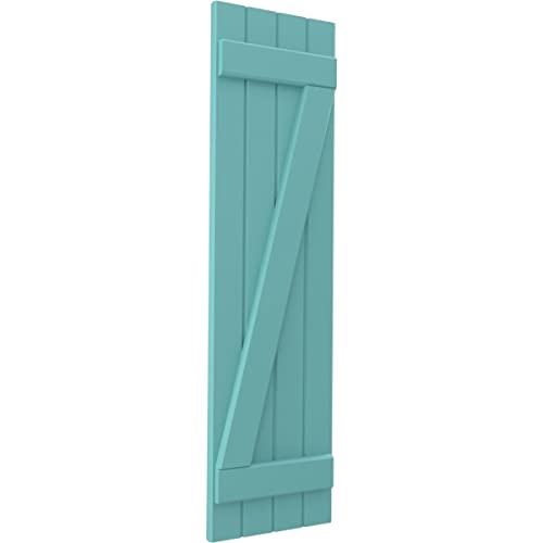 14"W x 55"H Americraft Four Board (2 Batten) Exterior Real Wood Joined Board-n-Batten Shutters w/Z-Bar (Per Pair), Pure Turquoise by Ekena Millwork - Image 4