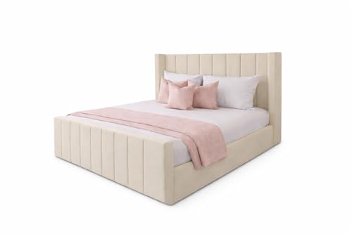 Royal Wingback Bed Frame | Double King SuperKing Size | Fully Upholstered Luxury Bed | Optional Gas Lift & Mattress (Cream Plush, Double 4ft6 Bed Frame)