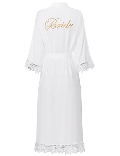 Women's Lace Trim Long Satin Kimono Bridal Robes for Bride and Bridesmaid - Wedding Gifts