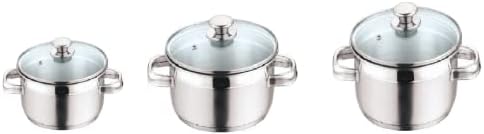 NOBEL Stainless Steel Two Tone Saucepan with Glass Vented Lid Heat Resistant Short Handles, Ideal for All Hobs. (Set of 3 -16,18 & 20 cm), Silver