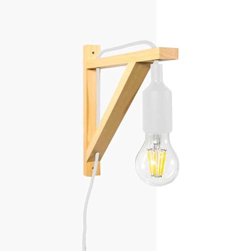 BarcellonaLED - Lampada da parete con cavo, interruttore nordico a squadra, in legno, ciondolo in silicone, colore: bianco, attacco E27 LED