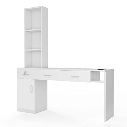 Paddie Locking Barber Salon Station Storage Wall Mount with Shelves/Drawers/Tool Holders for Hair Stylist Beauty Spa Equipment, White