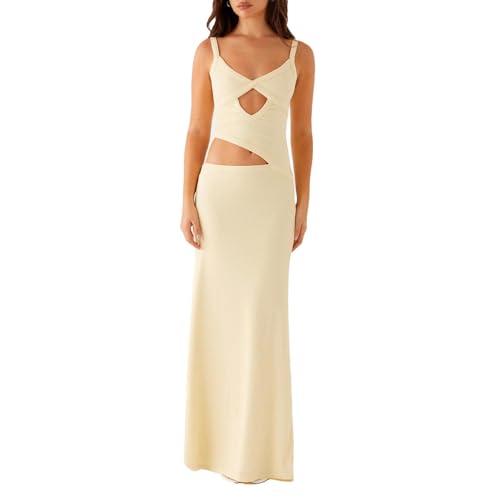 Image of Women Sexy Maxi Dress Cut Out V Neck Spaghetti Straps Bodycon Long Dress Summer Party Cocktail Wear