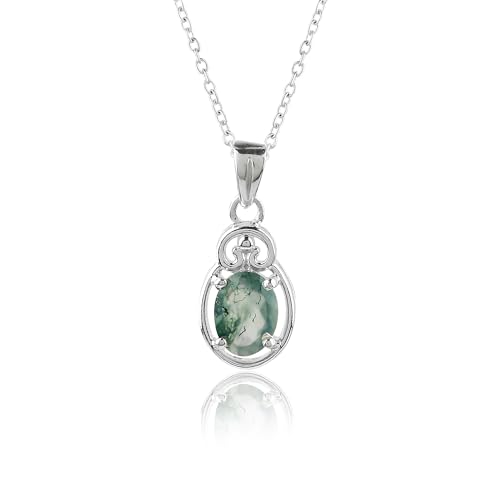 GEMKORA Real Moss Agate Crystal Pendant Necklace, Natural Gemstone, Birthstone Crystal, Healing Stone, Gift for Women Mom Her, Statement Jewellery, 925 Sterling Silver 18 inch