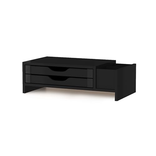 Suporte para Monitor 49cm Preto Black Piano com 2 Gavetas e 3 Nichos Organizador de Mesa Escritório Home Office