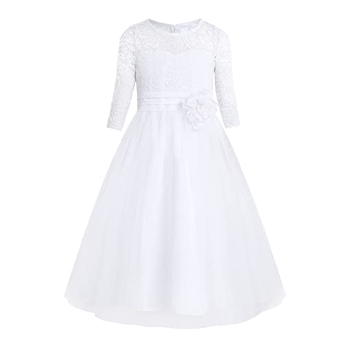 Agoky Mädchen festlich Kleid Langarm Prinzessin Kleid Hochzeits Festzug Kleid Blumenmaedchenkleid Kinder Spitze Rock Partykleid Kleidung gr. 98-170 Weiß K 122-128/7-8 Jahre