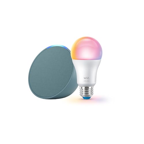 Echo Pop with WiZ 60W A19 LED Smart Color Bulb - Connects to Your Wi-Fi - E26 Base - Control with Voice or App - Matter Compatible