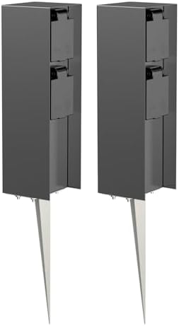 ledscom.de 2X Garten-Steckdosen-Säule POMI mit Erdspieß für außen, IP44, 2-Fach, anthrazit, eckig, 23cm