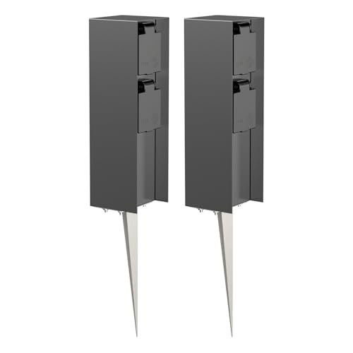 ledscom.de 2 Stück Garten-Steckdosen-Säule POMI mit Erdspieß für außen, IP44, 2-Fach, anthrazit, eckig, 23cm