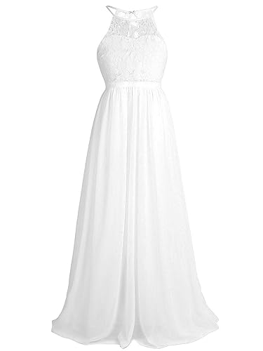 Kids Big Girls Chiffon Halter Neck Lace Wedding Junior Bridesmaid Flower Girl Dress Long Maxi Party Ball Gown4