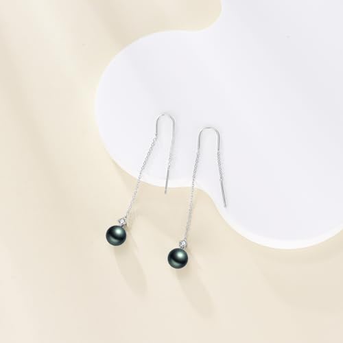 Tahitian Black Pearl Earrings with Lab Grown Diamond Long Threader Earrings for Women 18K White Gold Plated Silver Jewelry Gifts for Women3