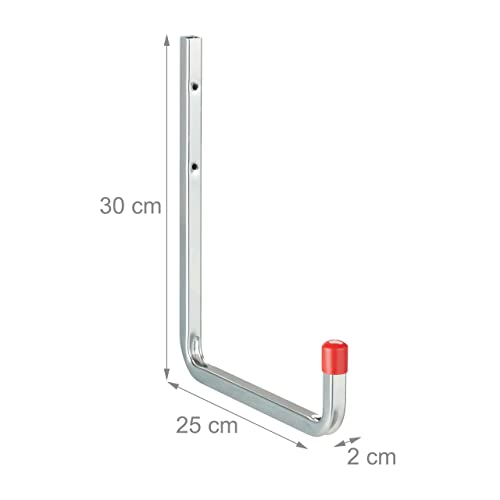 Relaxdays Wandhaken 4er Set, bis 40 kg, Stahl, Universalhaken für Garage, Werkstatt, Keller, Schwerlasthaken, Silber/rot