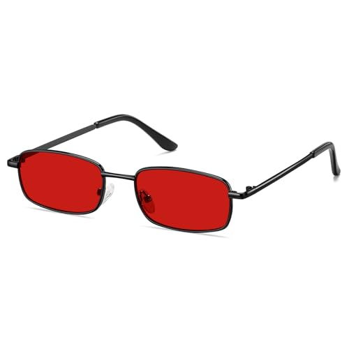 AOJINOJO Small Y2k 90s Rectangle Sunglasses Womens Mens Trendy Retro Narrow Square Sun Glasses(Black/Red)