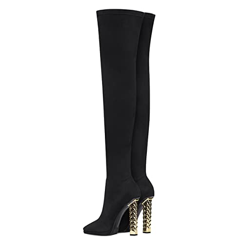 FSJ Women Fashion Over The Knee Long Boots Comfortable Flower Gold Metal Chain Chunky High Heels Sexy Pointed Toe Platform Stretch Thigh High Pull On Warm Shoes Size 4-15 US3