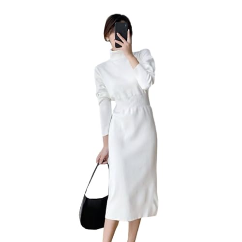 [Piface] ロングワンピース レディース 長袖 秋冬 暖かい タートルネック ドレス 着痩せ ハイウエスト 大きいサイズ ストレッチ ニットワンピース カジュアル フォーマル 女子会 きれいめ エレガント オシャレ ホワイト M