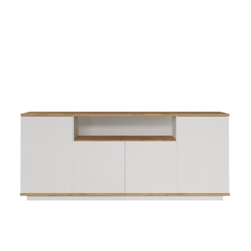 Calicosy Buffet 4 Portes, 1 Niche Ouverte Au Milieu Décor Bois Pin Et Blanc L180 Cm - en Panneaux De Particules - Style Contemporain - pour Salon - L180 X...