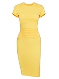 Ruched Bodycon Midi Casual Dress - Missufeintl Women's Short Sleeve Fitted Tshirt Sundress (Yellow, Large)
