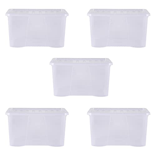 Wham Crystal 5 x 60L Stackable Plastic Storage Boxes with Lids | Ideal for Home Office Toys & More | Large Boxes | Made in UK - Clear
