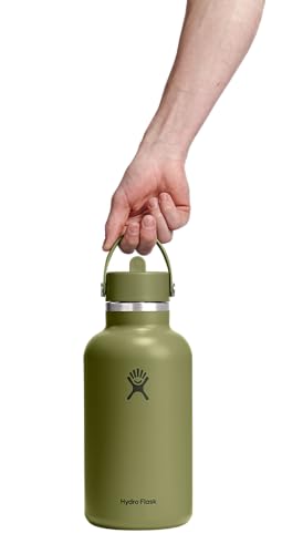 Image of Hydro Flask Water Bottle - Insulated Stainless Steel - Wide Mouth Flex Straw Lid, Non Spill, Leakproof and Refillable in 64 Oz Palmer Green