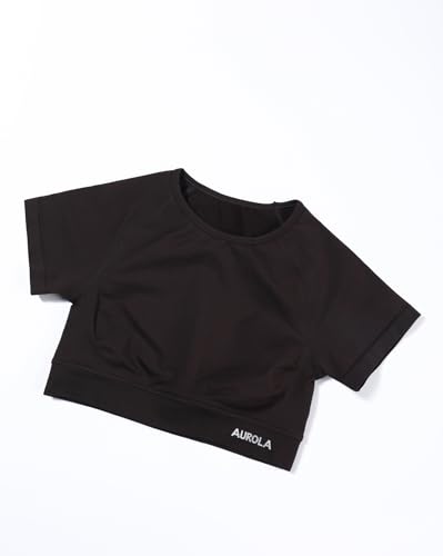 Image of AUROLA Influence Women Crop Top Short Sleeve Compression Workout T-Shirt | Raglan Short Sleeve Crop Top, High-Stretch Seamless Knit, Stay-Put Ribbed Underband, Soft Breathable Comfort