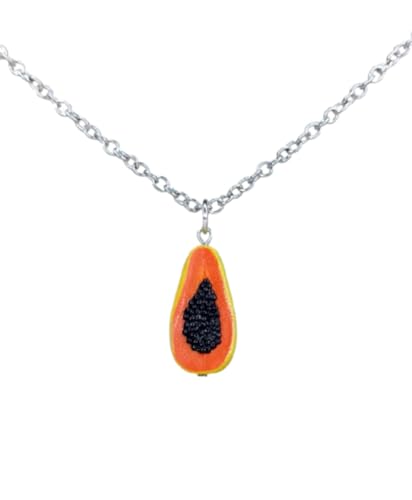 Collana con Pendente Papaya – Mini Frutto Realistico – Fatta a Mano – Finitura Lucida Water Glass – Catena in Acciaio Inossidabile 42 cm