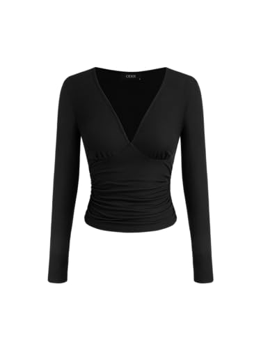 CIDER Going Out Tops Long Sleeve Top Ruched V Neck T Shirt Elegant Slim Fit Tee Basic Tops V Neck Long Sleeve Top