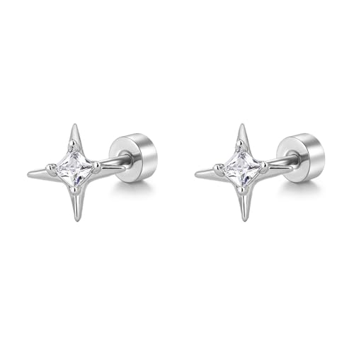 Cute 20G CZ Star Flat Screw Back Small Stud Earrings for Women Men Dainty Stainless Steel Crystal Cartilage Tiny Tragus Piercing Sleeper Studs Hypoallergenic Jewelry for Niece Daughter (Silver)