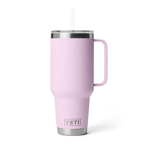 Image of YETI Rambler 42 oz Tumbler with Handle and Straw Lid, Travel Mug Water Tumbler, Vacuum Insulated Cup with Handle, Stainless Steel, Cherry Blossom - Textured