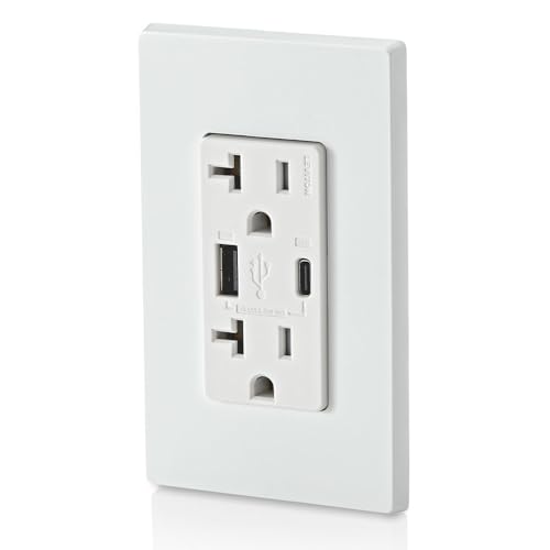 Image of Leviton T5834-W 60W (20V@2.5A+ 5V@2A) USB Dual Type A /Type-C Power Delivery in-Wall Charger with 20A Tamper-Resistant Outlet, USB Charger for Smartphones, Tablets, Laptops, White