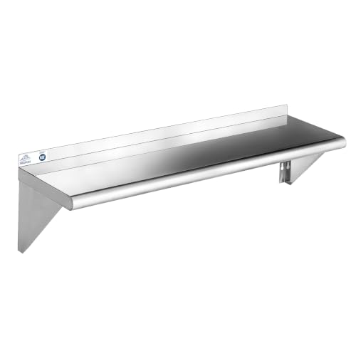 ROCKPOINT Stainless Steel Shelf 12 x 48 Inches 350lb, NSF Metal Commercial Shelves Wall Mount Floating Shelving with Backsplash for Restaurant, Kitchen, Home and Hotel, Silver