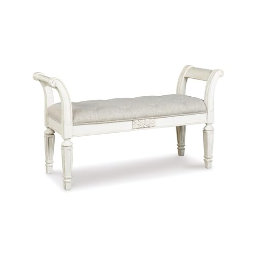 Signature Design by Ashley Realyn French Country Upholstered Tufted Accent Bench with Foam Cushion and Scrolled Arms, Wood Frame, 25.88' High, Antique White